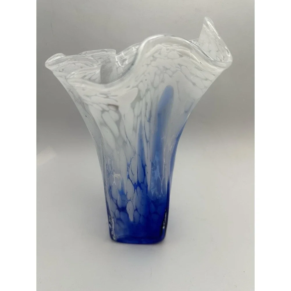 Hand Blown Art Glass Vase Blue White Spatter Ruffled Rim Studio Glass - Picture 3 of 10
